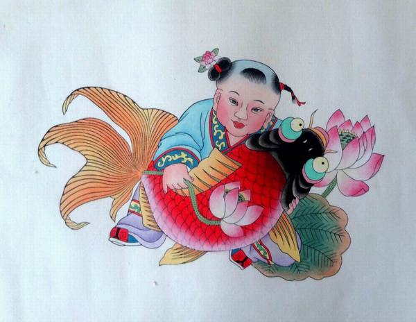 杨柳青年画 画心 连年有余 手绘34x45cm代表作 礼品 娃娃抱鱼