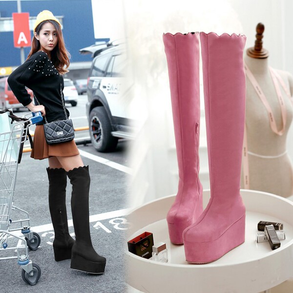 2014秋冬新款欧美松糕厚底过膝靴 甜美粉色百搭瘦腿骑士长靴子潮