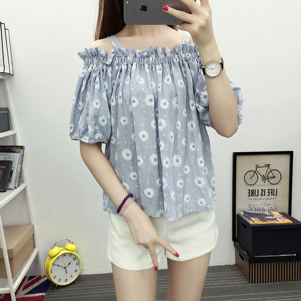 韩版露肩百搭甜美吊带衬衫女一字领衬衣修身学院风印花漏肩上衣夏
