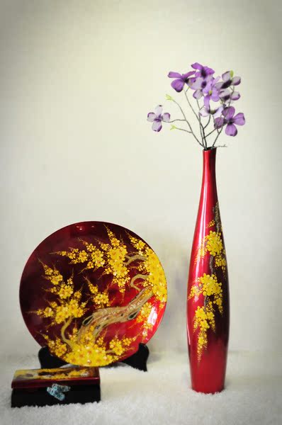 越南进口手绘漆器大号瓶 高档家居客厅摆件 复古简约大方