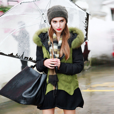 tulletulip图勒正品女2015新款撞色宽松甜美直通貉子毛领羽绒服