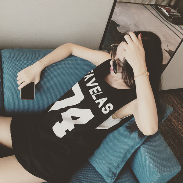 2016夏季新款韩版字母74数字棉宽松显瘦中长款背心裙无袖T恤女潮C