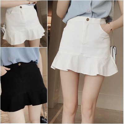 新款韩版高腰包臀裙百搭纯色A字短裙荷叶边鱼尾半身裙女学生潮