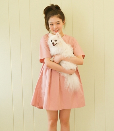 838# ulzzang韩国代购学院风圆领短袖棉麻连衣裙女