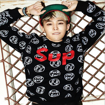 秋冬新款权志龙exo同款英文字母印花卫衣加绒休闲圆领套头卫衣潮