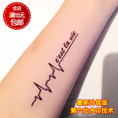 心电图英文纹身贴防水 欧美时尚字母电波心跳贴纸持久一次性刺青