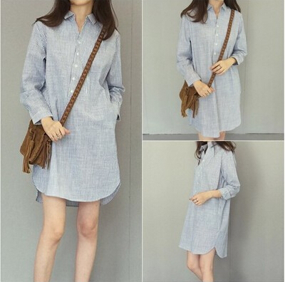 2016秋季新品韩版小翻领半身钮扣细条纹棉麻插兜长袖衬衫连衣裙女