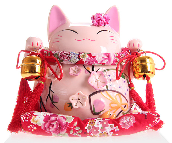 日本正版粉色大花季大号招财猫陶瓷存钱罐摆件 开业礼品 家居摆设