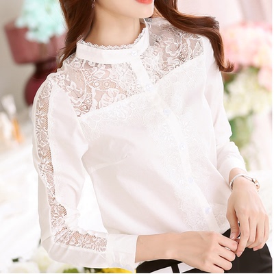 唯品会2015秋装新款显瘦拼接ccdd蕾丝纯棉立领长袖衬衫女衬衣
