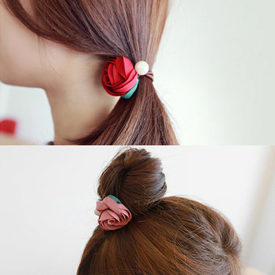 日韩版珍珠玫瑰花朵手工布艺发圈绑头绳韩国扎头发饰品橡皮筋发绳