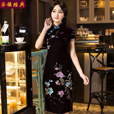华族经典夏季2016新款金丝绒中长款旗袍裙子