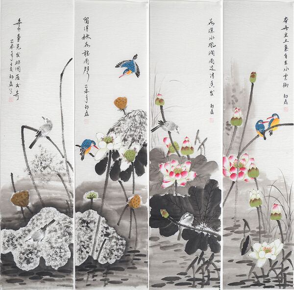 国画 花鸟四条屏 荷花翠鸟 水墨画字画 壁画 邵磊手绘1080