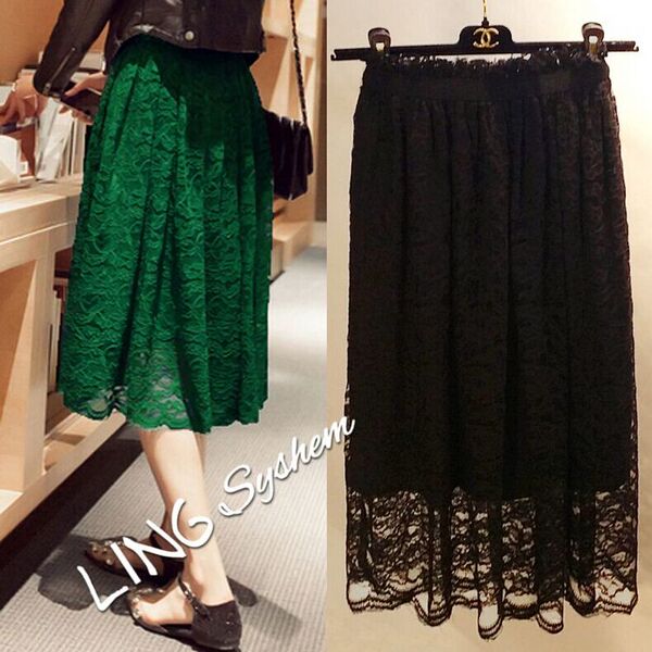 2016春秋新款网纱蕾丝半身裙中长款女高腰裙子百褶蓬蓬裙大码中裙