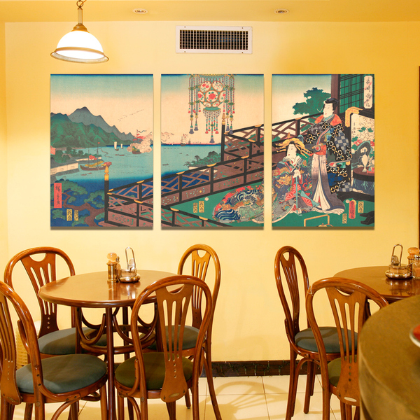 日式经典浮世绘寿司店装饰画 长崎风景挂画 日本料理店墙画三联