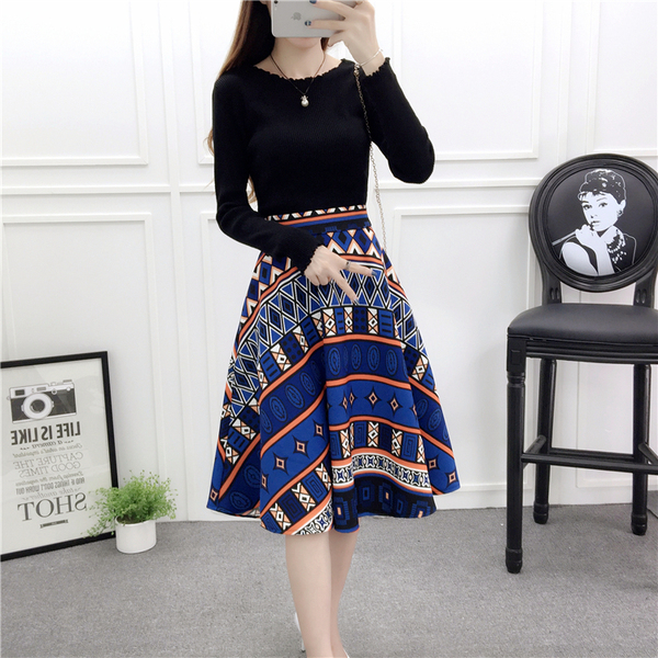 实拍2016秋季花裙大摆伞裙蓬蓬裙中长款高腰百褶裙印花半身裙女