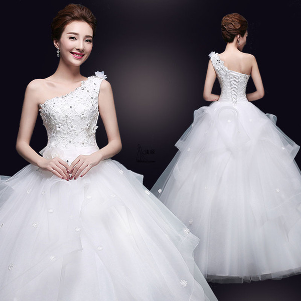 婚纱礼服 2016春夏季新款婚纱礼服时尚韩式单肩齐地显瘦婚纱韩版