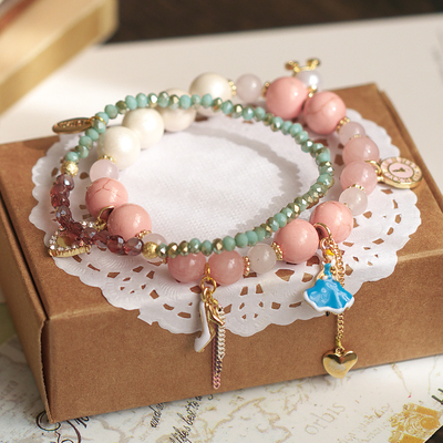 韩国进口olivine复古甜美粉色灰姑娘水晶鞋南瓜车芙蓉石水晶手链