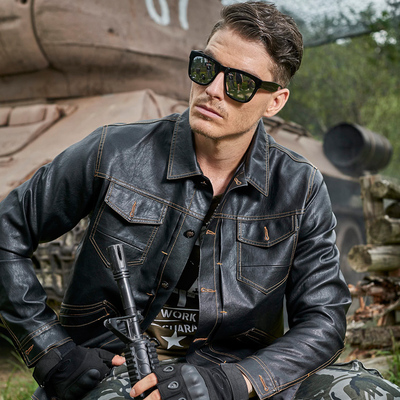 七七城男装硬汉多口袋欧美机车工装秋夹克外套潮pu皮翻领军工装