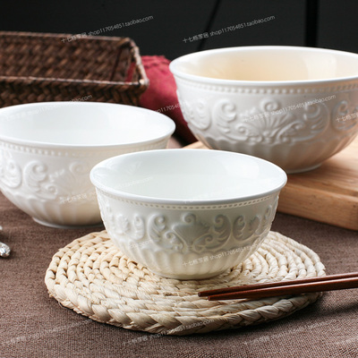 洛可可新骨瓷饭碗 中式碗大汤碗浮雕陶瓷面粥碗甜品碗大中小可选