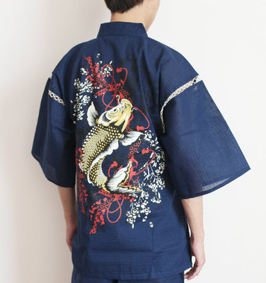 日本外贸原单纯棉男甚平浴衣和服日式短袖睡衣和服家居服龙鲤鱼