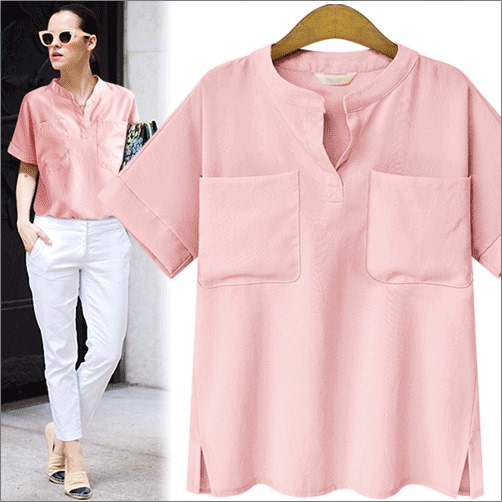 欧洲站2016夏季新品 大码女装百搭V领短袖双口袋宽松棉T恤女9076