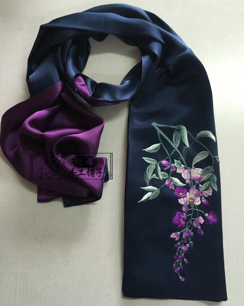 精品手工绣花真丝围巾藏蓝色紫藤花新款苏绣成品刺绣特色礼品款