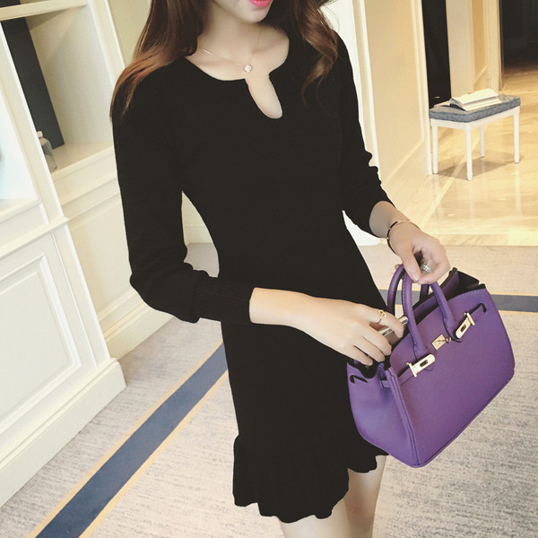 早秋新款 韩范气质小V领长袖收腰修身显瘦弹力针织打底连衣裙短裙