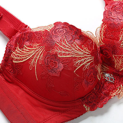 大红刺绣花朵内衣高贵大码全罩杯超聚拢调整型文胸 厚薄