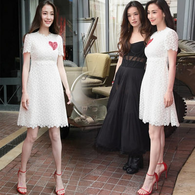 2015夏秋季新款杨颖baby明星同款中长款水溶蕾丝连衣裙子女伴娘装