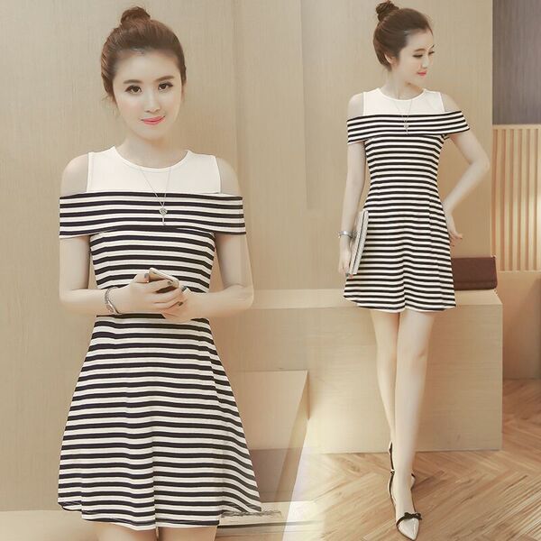 2016夏季新款大码女装修身露肩A字裙中长款显瘦条纹拼接连衣裙