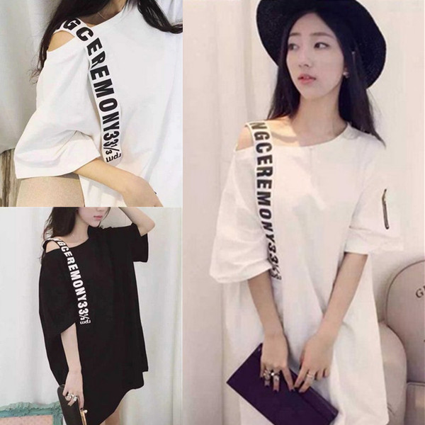 衣服2017新款 欧美 单肩吊带字母宽松中长T连衣裙潮