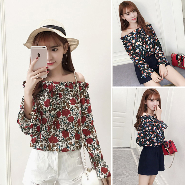 2017春装新款女装韩版甜美一字领露肩碎花雪纺衫女气质喇叭袖上衣