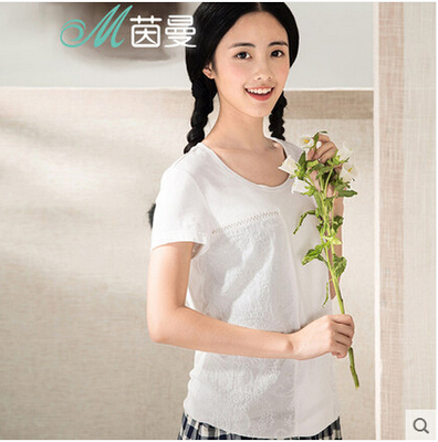 清仓茵曼纯色绣花拼接圆领百搭短袖t恤女上衣8520220710