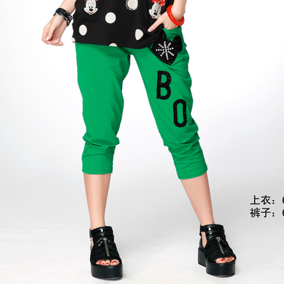 石头鱼休闲彩色裤子胖妹妹高腰松紧腰7分裤透气宽松显瘦小脚裤子