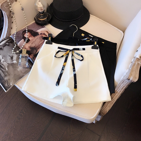 2017夏装新款 韩版时尚雪纺抽绳绑带蝴蝶结高腰短裤 宽松阔腿裤女