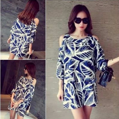 早春新款女装复古树叶图案露肩蝙蝠袖宽松显瘦百搭打底连衣裙女