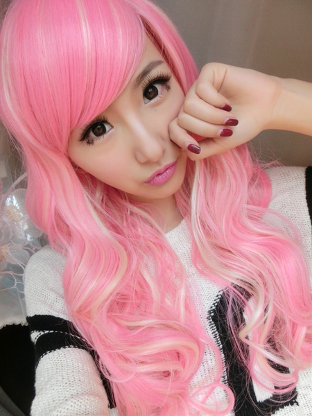 动漫人物cosplay假发女长卷发粉红色渐变原宿彩色挑染假头发直播