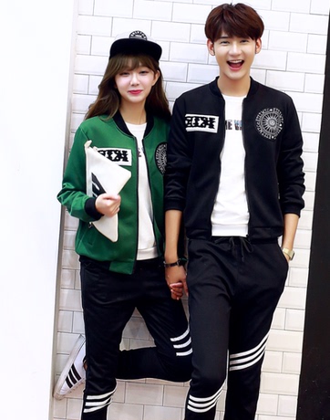 628# 情侣装 2015秋装港风立领棒球服太阳神圆心原宿个性短外套