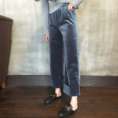 复古韩国chic风卷边大裤脚显瘦金丝绒气质阔腿裤女裤秋冬休闲裤