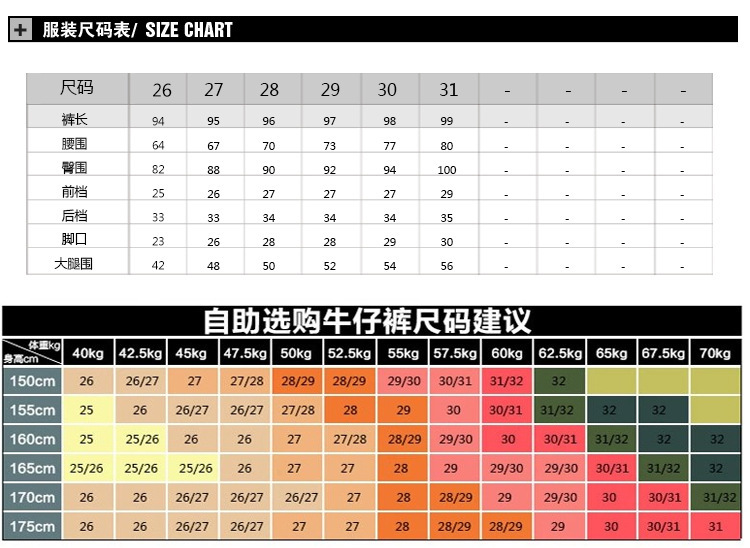 高腰牛仔裤尺码表