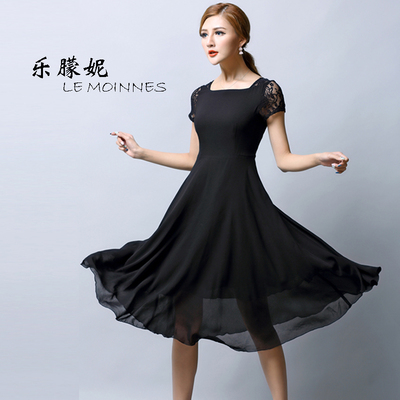 2015女夏装雪纺黑色连衣裙韩版显瘦修身中长