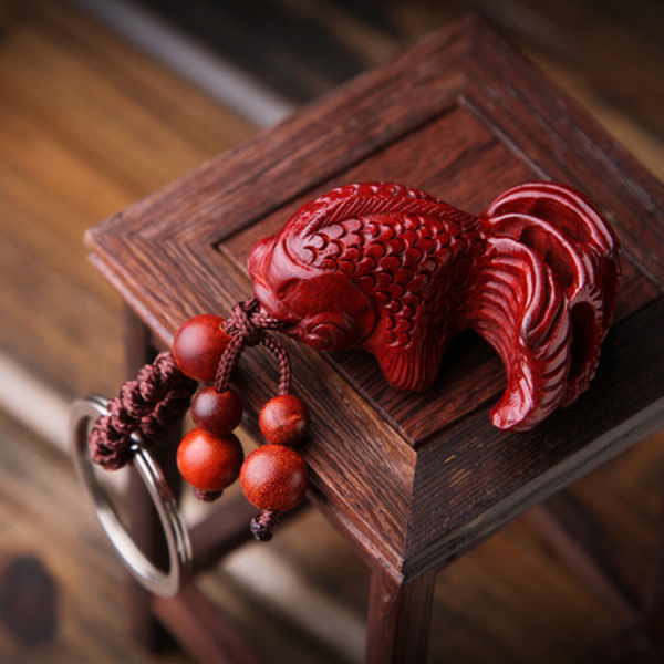 小金鱼钥匙扣 高档木雕手把件小叶紫檀木招财辟邪汽车锁匙链挂件