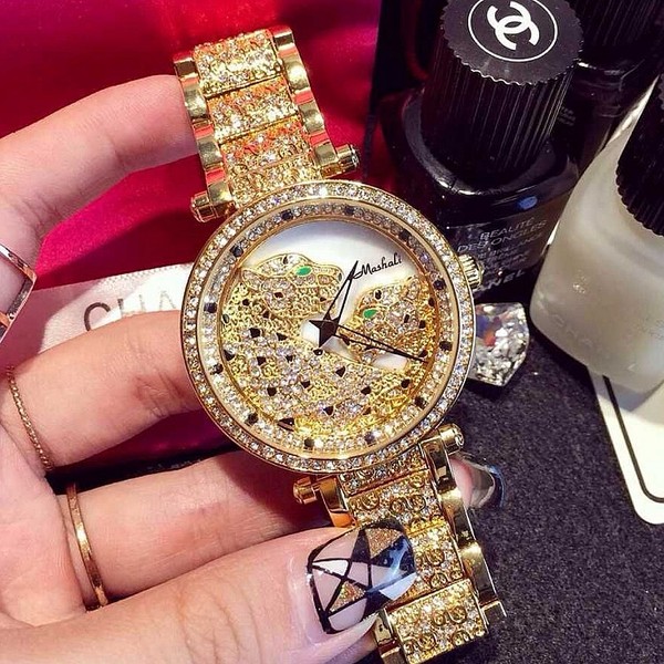 最新款mashali玛莎莉个性豹子表盘镶钻钢带女表时尚休闲女士手表