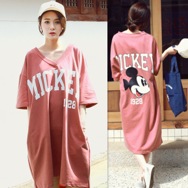 2017春装韩版V领卡通连衣裙前短后长大码宽松长款短袖t恤裙女夏