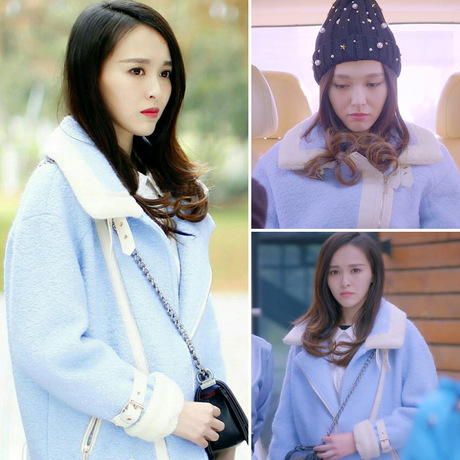 现货9690#克拉恋人唐嫣米朵同款浅蓝色机车毛呢外套女大衣