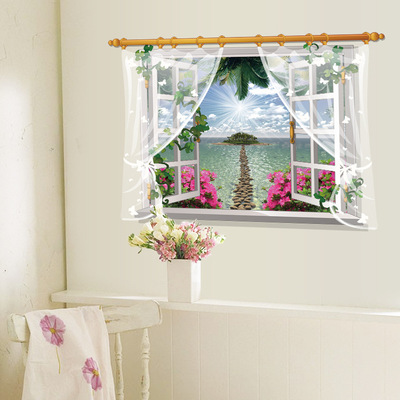 田园卧室客厅沙发纱窗风景假窗户家居墙壁背景装饰贴画墙贴纸