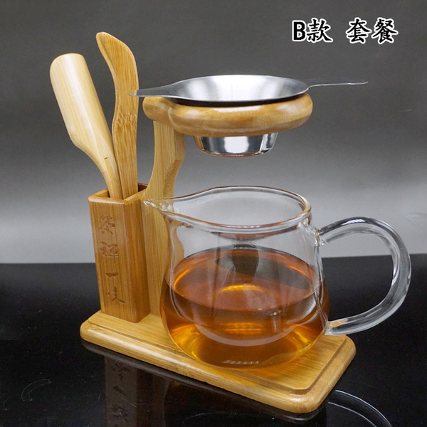 茶具茶道零配件茶漏架架子茶漏茶濾懶人易泡架竹製加厚玻璃公道杯