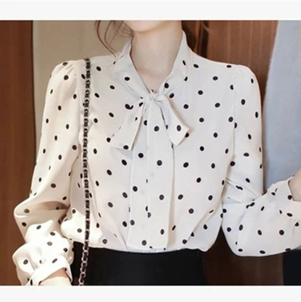2016秋冬新款韩范百搭宽松波点雪纺长袖打底衫蝴蝶结职业衬衫上衣
