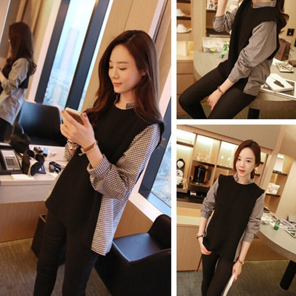 春季新款女装假两件打底衬衫女韩版宽松长袖T恤中长款学生上衣服