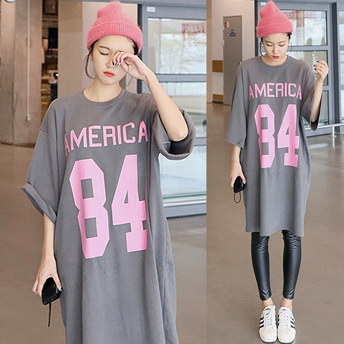 2017韩版春夏新款印花半袖体恤大码宽松长款休闲短袖T恤裙女纯棉